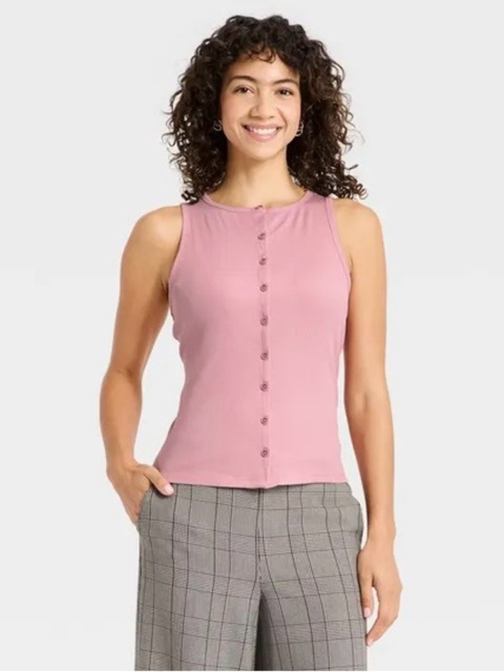 A New Day Women's Slim Fit Modern Ribbed Button-Front Tank Top, L - Pink NWT